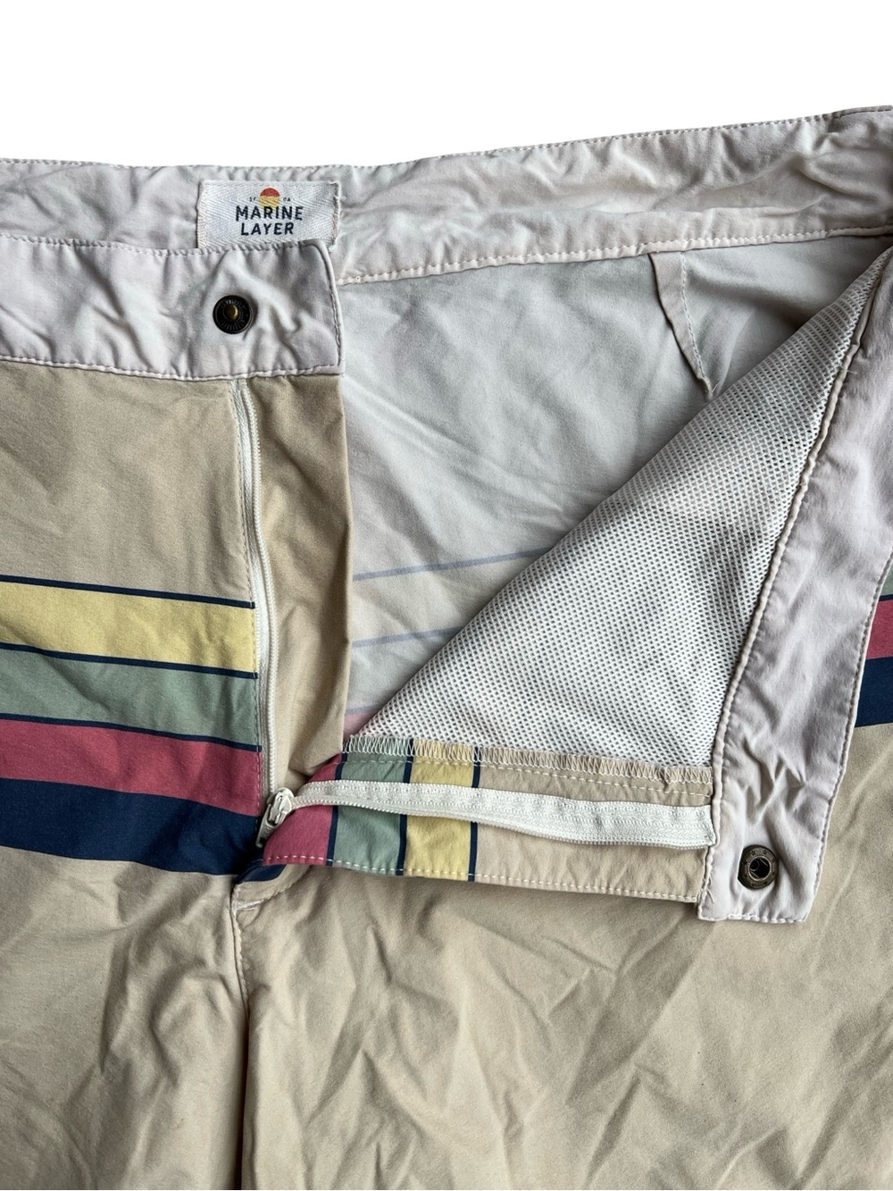 MARINE LAYER 5” Swim Trunks Board Beach Shorts 34 Khaki Multi-Stripe Retro Surf - Picture 5 of 11